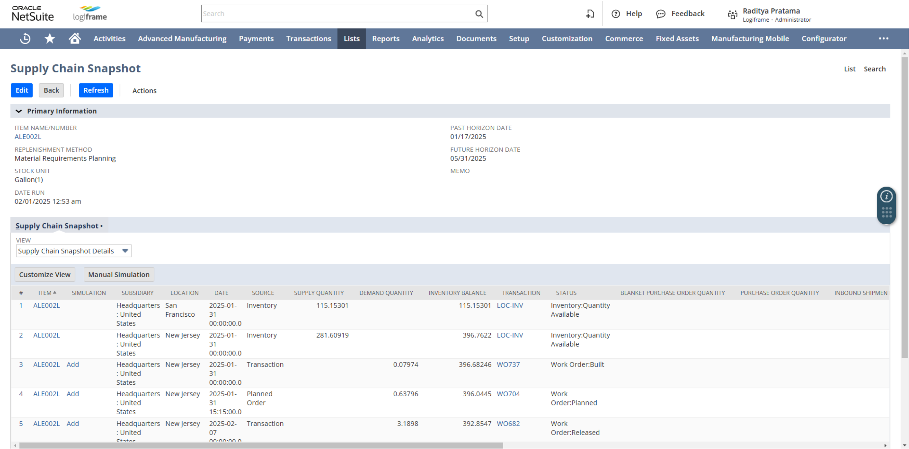 Supply Chain Snapshot in NetSuite