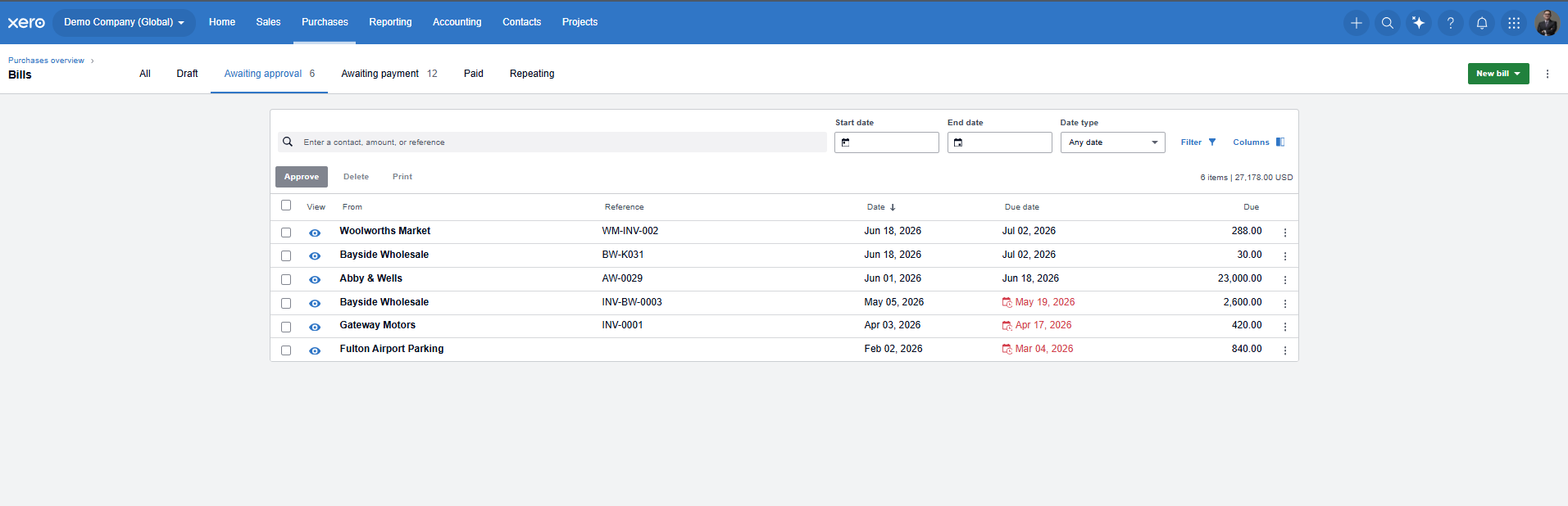 Xero — Bills to pay (awaiting approval)